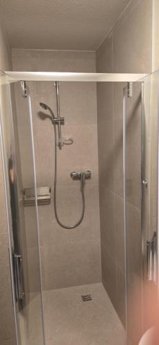 a shower in a bathroom with a glass door at Drei Schweizer Hotel in Neuwied