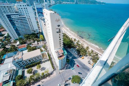 an aerial view of a city and the ocean at Sea View Apartment Muong Thanh Oceanus Nha Trang in Nha Trang