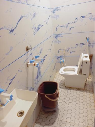 a bathroom with a white toilet and a sink at The Comfort Villa in Ujjain