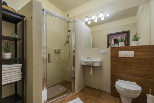 a bathroom with a shower and a toilet and a sink at 7 Koron - Exclusive Apartments in Kraków
