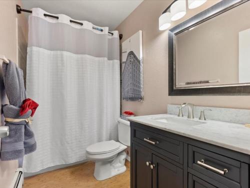 a bathroom with a white shower curtain and a toilet at All About Alaska in Anchorage