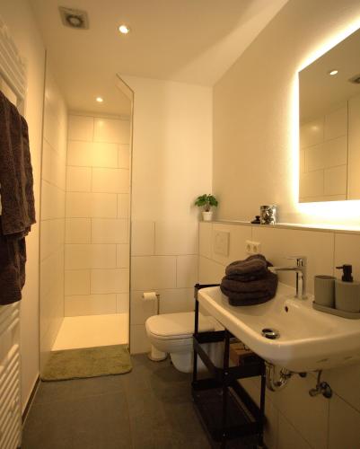 a white bathroom with a toilet and a sink at Trüffelhof 2 in Bodman-Ludwigshafen