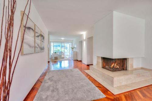 a living room with a fireplace and a rug at Residenza Parco Carona with Lake-View - Happy Rentals in Lugano