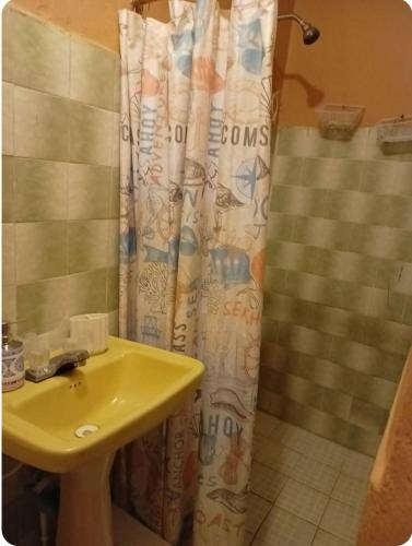 a bathroom with a sink and a shower curtain at Private 1 Bedroom shared house in La Ceiba