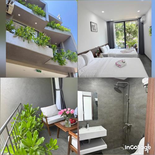 a collage of photos of a bathroom and a bedroom at Khánh Vy Homestay in Thôn Lại Thê