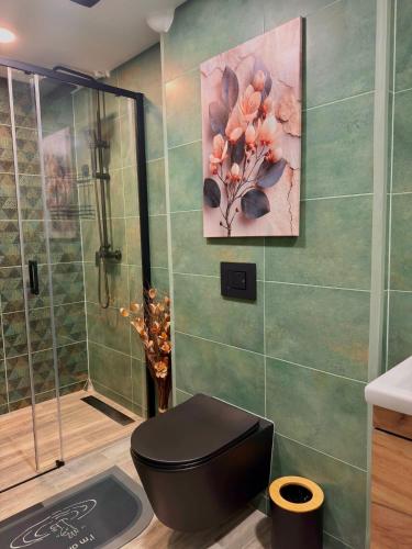 a bathroom with a shower and a toilet and a painting at NIDŌ Nida Apartments in Nida