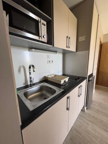 a kitchen with a sink and a microwave at Les Balcons du Sancy - Résidence de Tourisme in Picherande