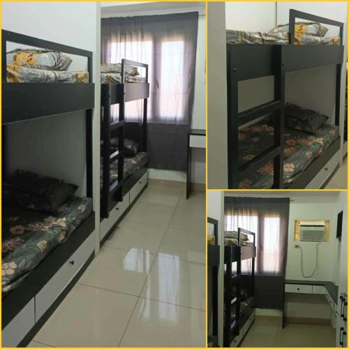 a group of three pictures of a room with bunk beds at Cozy STUDIO for 4 Guests in Dasmariñas