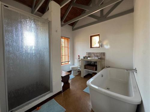 a bathroom with a tub and a toilet and a sink at Ntsinini Trout & Leisure Farm in Waterval Boven
