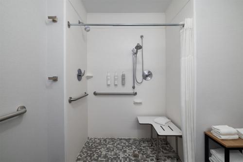 a white bathroom with a shower and a sink at Hampton Inn & Suites - Roanoke-Downtown, VA in Roanoke