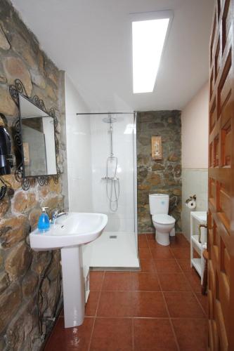 a bathroom with a sink and a shower and a toilet at La Llosa II in Villaviciosa