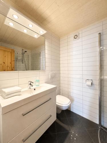 a bathroom with a sink and a toilet and a mirror at Hallingstue by Hallstensgaard - Geilo in Geilo