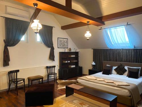 a bedroom with a bed and chairs in a room at Lilu House in Câmpina