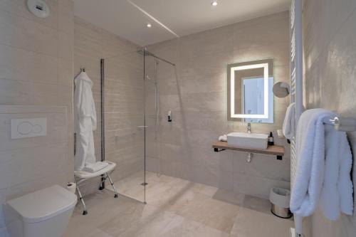 a bathroom with a shower and a toilet and a sink at Logis Hotel Le Petit Casset in La Boisse