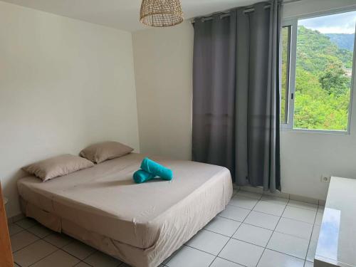 a bedroom with a bed with a blue object on it at Lodge Tahiti in Papeete