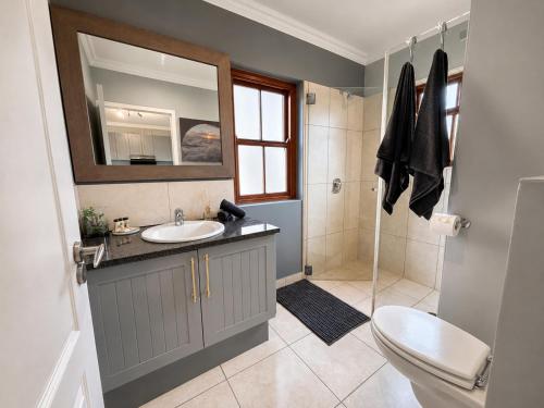 a bathroom with a sink and a toilet and a mirror at Captains Quarters in Plettenberg Bay