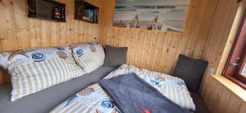 a room with a couch and pillows in a boat at Tiny House An der Pferdekoppel in Groß Garz