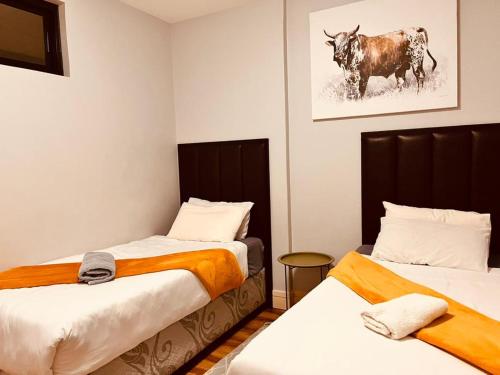 two beds in a room with a cow on the wall at Hora Quente in Windhoek
