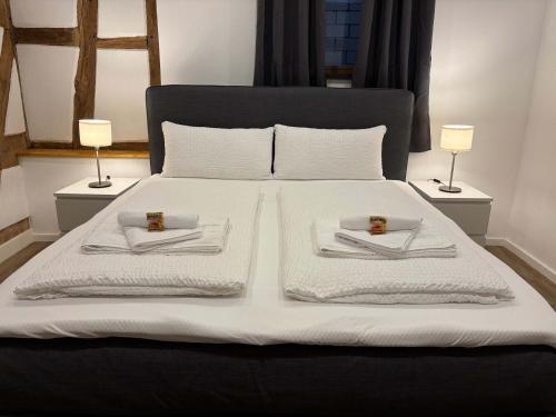 a large bed with two towels on top of it at JURAFLAIR Apartments in Lichtenfels