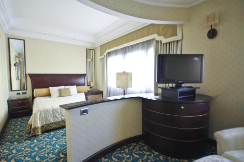 a hotel room with a bed and a flat screen tv at Millennhotel in Bologna