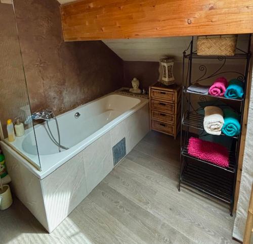 a bathroom with a large tub in a room at Gîte de Corbion une envie d'Ailleurs 6personnes et le Pt Bonheur 2 personnes in Leignon