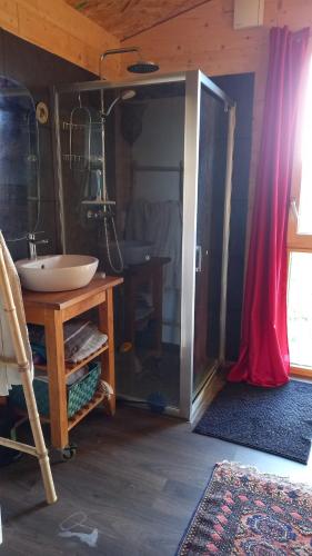 a bathroom with a sink and a glass shower at Mont Blanc in Meyrals