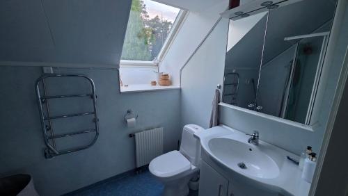 a bathroom with a sink and a toilet and a mirror at Modern cosy house with forest views in Södertälje