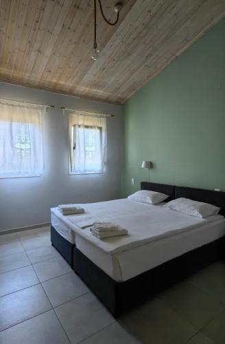 a bedroom with a large bed and two windows at Zois Apartment in Gliki