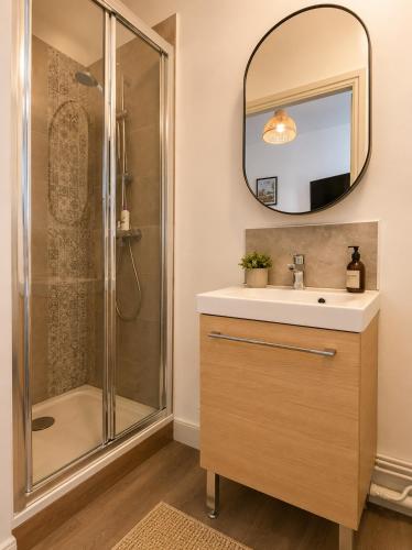 a bathroom with a shower and a sink and a mirror at Les Sources Vichy in Vichy