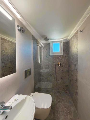 a bathroom with a toilet and a sink and a shower at Irene Studios in Nydri