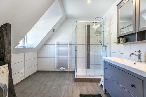 a bathroom with a shower and a sink at Historischer Resthof in Hövede