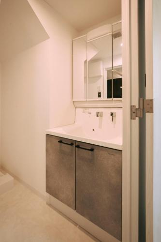 a bathroom with a sink and a mirror at LIFEMENTGLANZ HOTEL Enomachi in Hiroshima