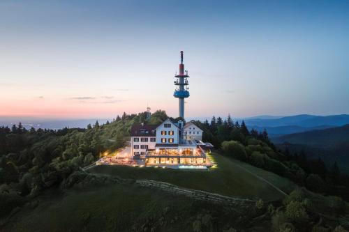 an aerial view of a house on a hill with a cell tower at Hochblauen Hotel in Badenweiler