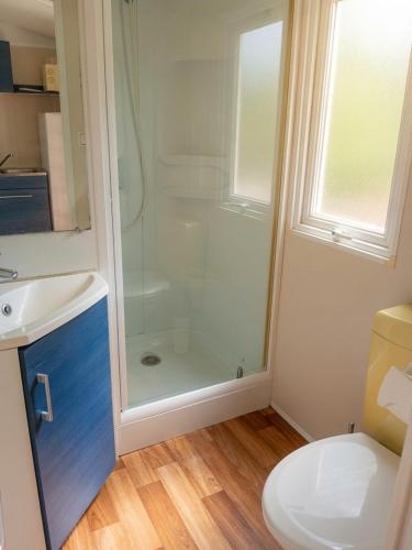 a bathroom with a shower and a toilet and a sink at Camping La Bernede in Rennes-les-Bains