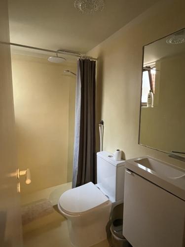 a bathroom with a white toilet and a sink at Soltroia Beach House in Carvalhal