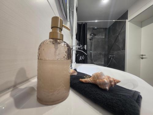 a bottle of soap sitting on top of a bathroom sink at Kleine Auszeit in Stolpe auf Usedom