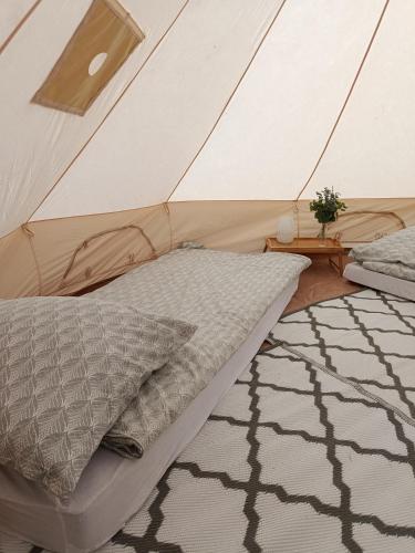 a bedroom with a bed in a tent at Żeremie Jurki Camp in Jurki