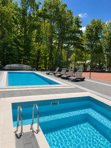 a swimming pool with lounge chairs next to a swimming pool at Tilia Kúria - Adults only in Bózsva