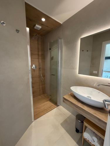 a bathroom with a sink and a shower at Pratelli B&B in Saludecio