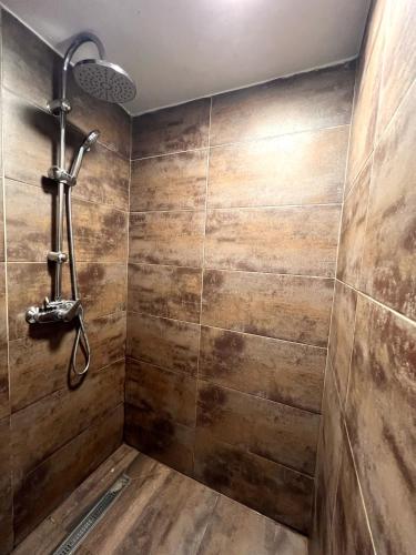a shower in a bathroom with a wooden wall at Elite Residence - Modern 2BR - Sleeps 6 - FREE Parking in Timişoara
