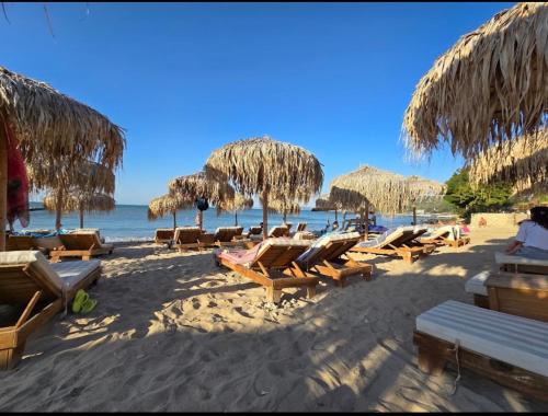 a beach with chairs and straw umbrellas and the ocean at Apartments Carpe Del Mare Complex Carpe Diem Balchik in Balchik