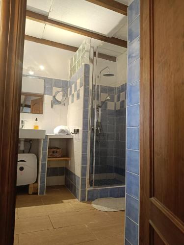 a bathroom with a shower with blue tiles at casita la bugamvilla in Mojácar