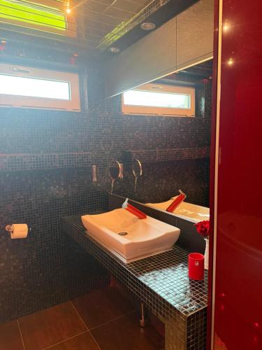 a bathroom with a white sink and a mirror at Aiavilja Red Pearl Apartment in Paide