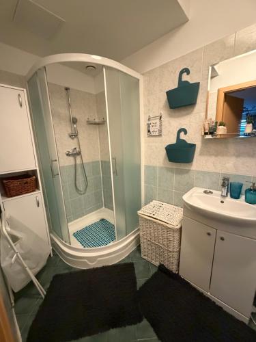 a bathroom with a shower and a sink at Apartman BibKa in Donovaly