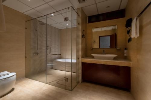 a bathroom with a shower and a toilet and a sink at IFQ Premier Skardu in Skardu