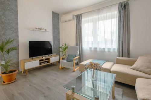 a living room with a couch and a tv at Terminal Garden Apartman in Budapest