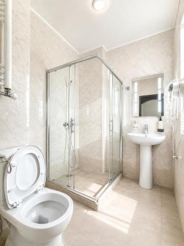 a bathroom with a shower and a toilet and a sink at Complex DEL MAR in Chakvi