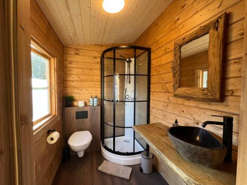 a bathroom with a sink and a toilet in a room at Jökla Guesthouse in Skjöldólfsstaðir