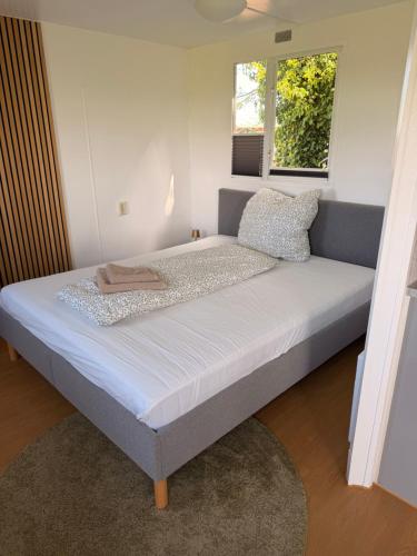 ein großes Bett in einem Zimmer mit zwei Fenstern in der Unterkunft Tiny House auf Pferdehof in Warendorf