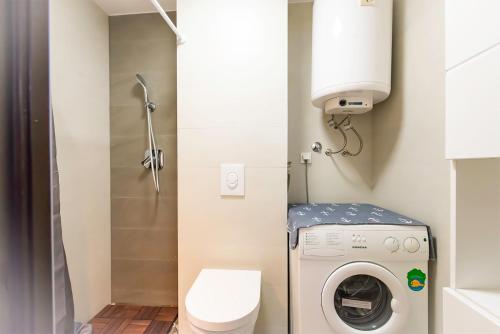 a small bathroom with a washing machine and a toilet at Apartment Pasarela in Gajac